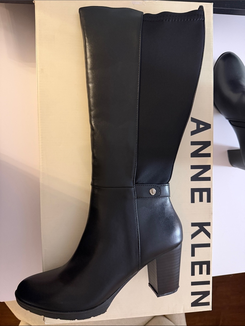 Anne Klein Black Knee-High Block Heel Boots with Stretch Panel